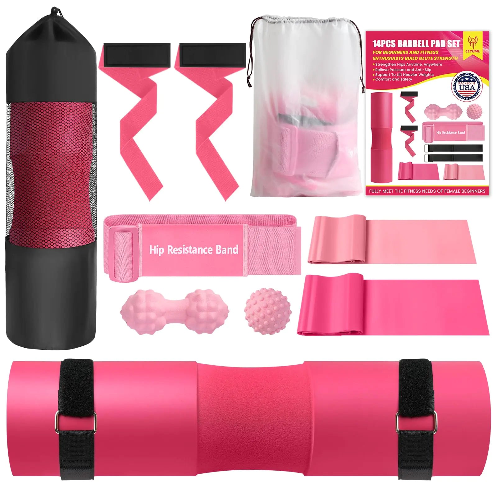 CEYOME Barbell Pad Set Hip Thrust Pad 14pcs Gym Accessories for Women Barbell Squat Pad for Hip Thrust Bench Press with Barbell Clips Resistance Bands Lifting Straps Massage Balls Carry Bags